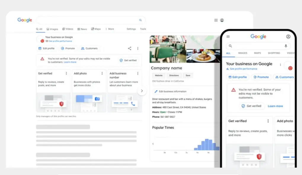 Google My Business Example on Desktop and Mobile representing restaurant website design
